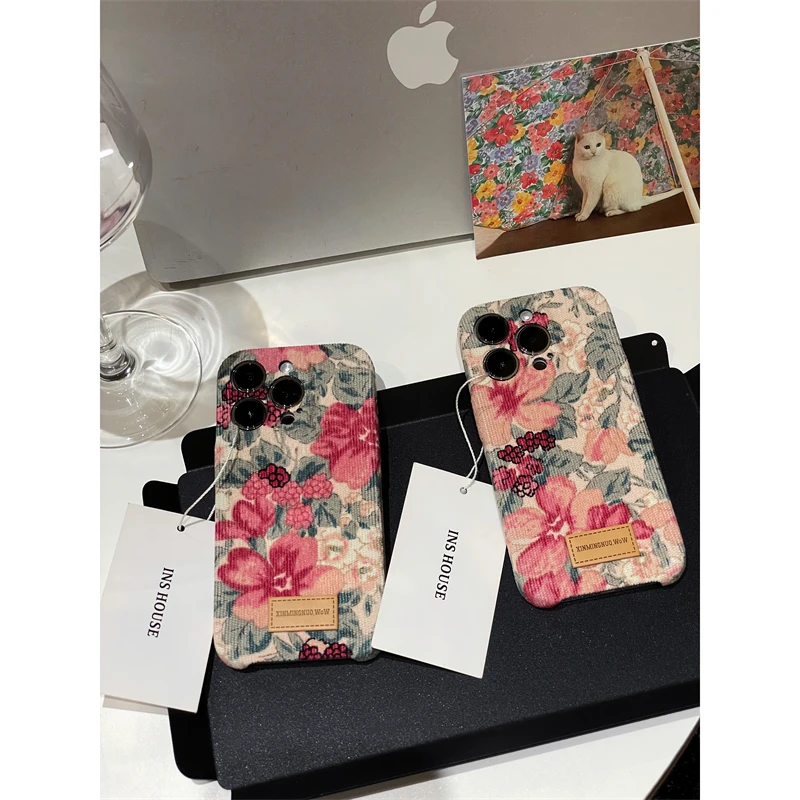 适用苹果系列iPhone15复古风14pro绒布油画花朵13pro新款12手机壳