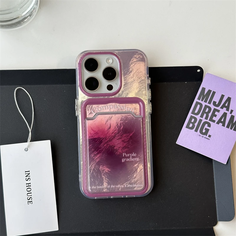 适用苹果系列iPhone15ins可爱14pro紫色晕染爱心卡套13新款手机壳