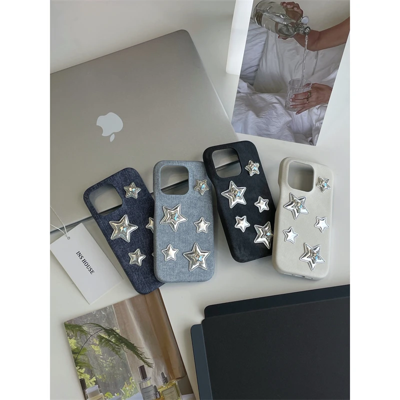 适用苹果系列iPhone14新潮牛仔13pro皮纹立体星星12p新款11手机壳