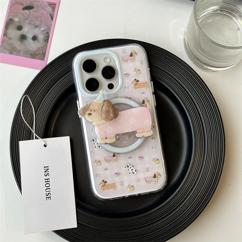 适用苹果系列iPhone15ins可爱14pro粉格波点腊肠狗13pr新款手机壳