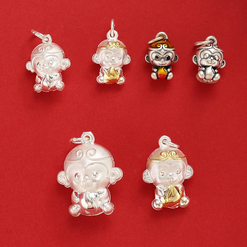 吊坠925银银 999足银生肖小猴子吊坠金箍猴项链女男宝宝银饰品D