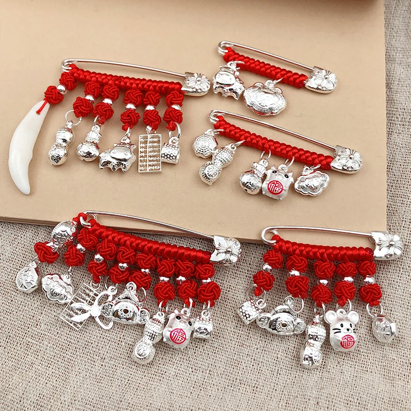 足银银制品 宝宝随身婴儿孕妇桃木S925纯银别针999足银安全胸针