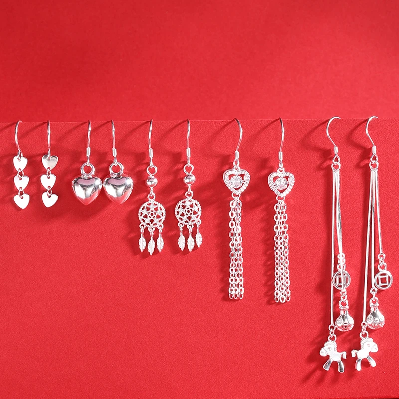 999纯银爱心耳钉女简约长款流苏耳线马上有钱耳环养耳洞气质饰v