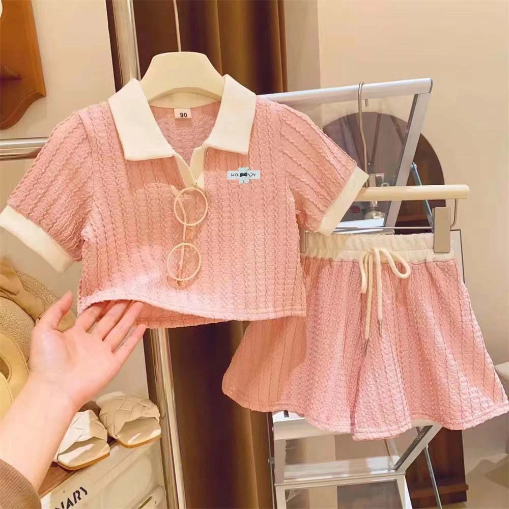 女童套装Polo领包边短袖打底衫短裤夏季新款甜美女宝宝两件套网红