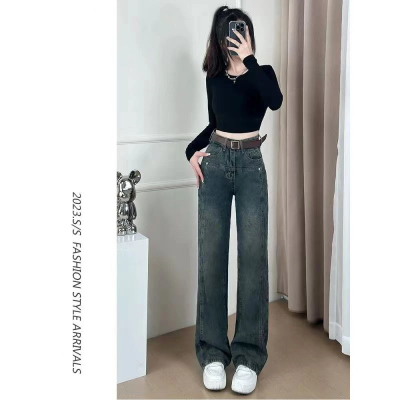 水泥灰牛仔裤女秋季高腰宽松垂感韩版个性百搭休闲高街阔腿裤子