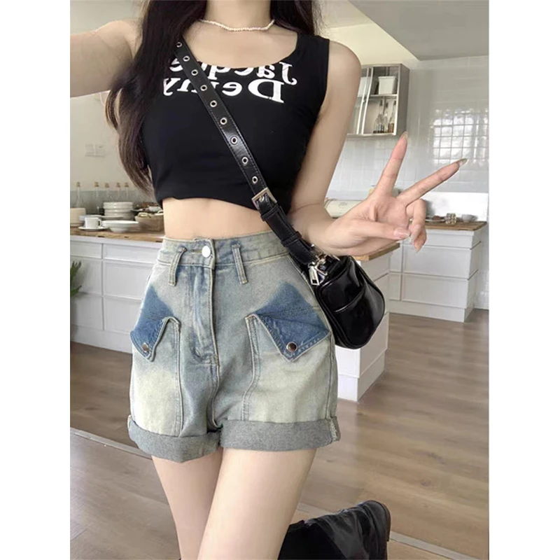 美式甜辣卷边牛仔短裤女新款夏季高腰设计感直筒气质百搭阔腿裤子
