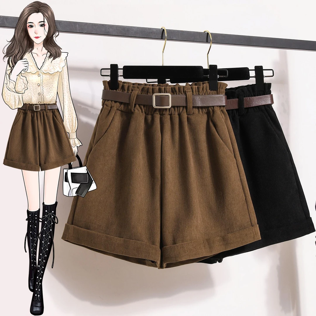大码女装灯芯绒短裤胖mm秋冬咖啡色高腰a字阔腿休闲卷边打底靴裤