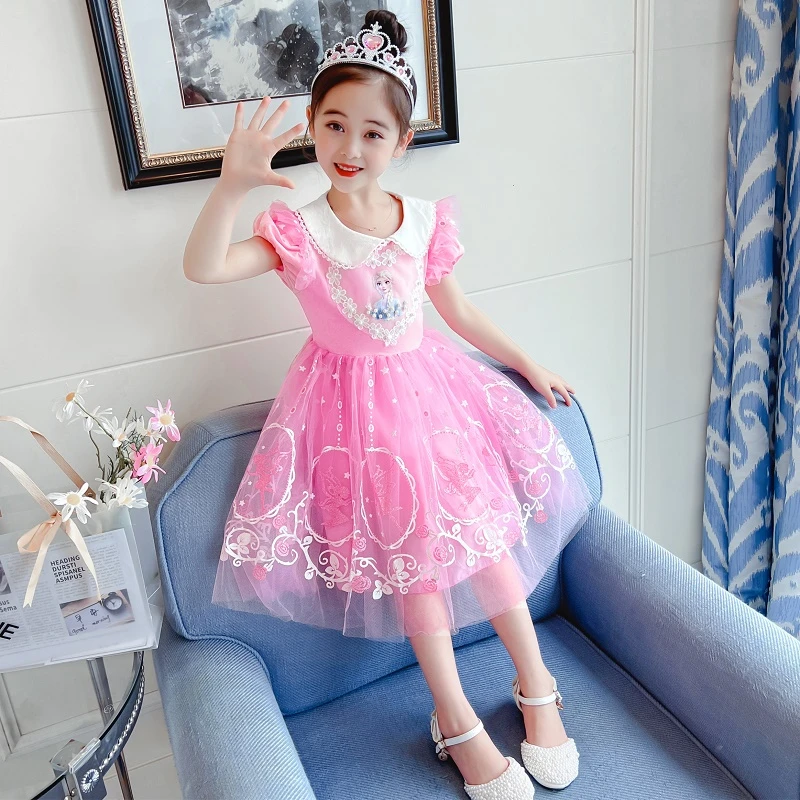儿童连衣裙女孩夏季艾莎公主裙定型花下摆短袖裙子洋气套装时尚