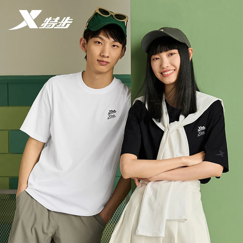 特步悠闲假日短袖针织衫男女2024夏季新款宽松印花半袖T恤百搭