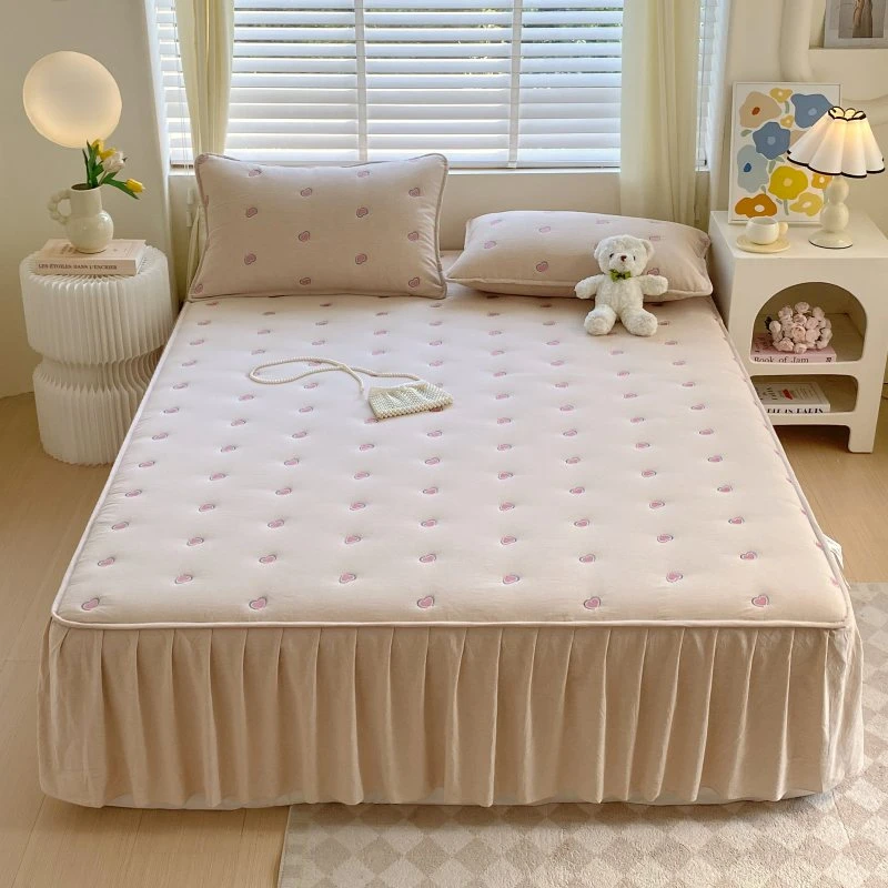 全棉色织水洗棉100棉刺绣夹棉床笠花边床裙款床垫保护套隔脏罩