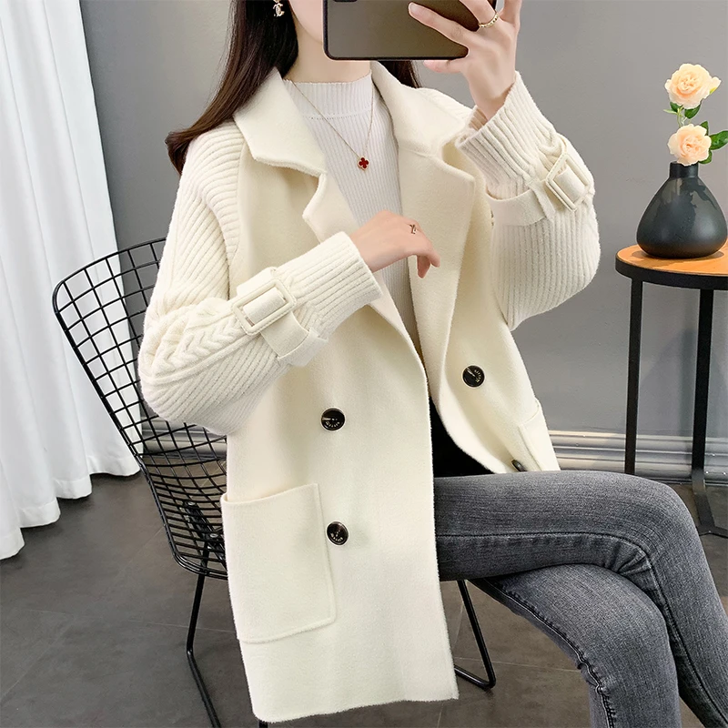 秋冬新款西服领双面呢外套女春秋百搭宽松中长款呢子大衣女开衫厚