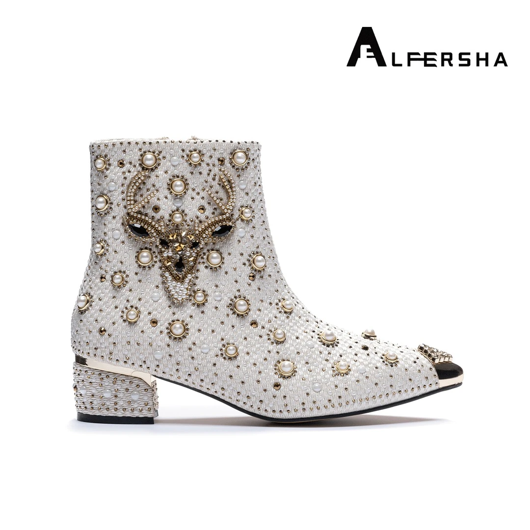 阿芙莎手工鞋1071秋冬新款薄绒麋鹿粗跟尖头短靴