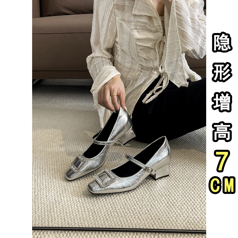 初恋家~7cm小个子内增高法式水钻方扣玛丽珍鞋女一字扣带方头单鞋