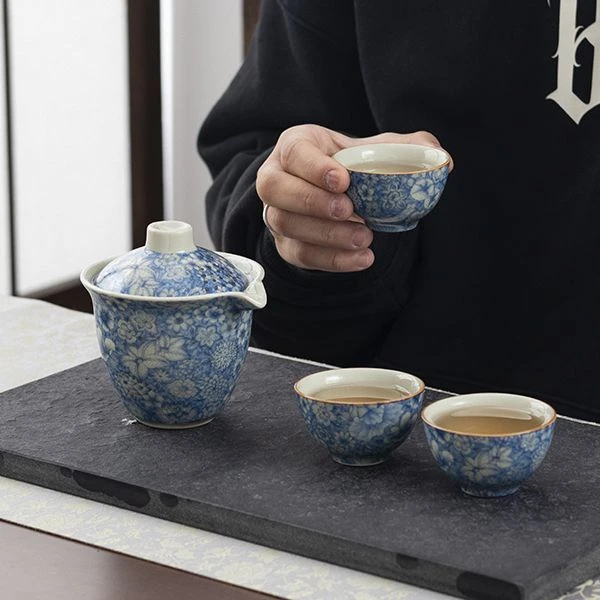 青花汝窑一壶三杯旅行茶具