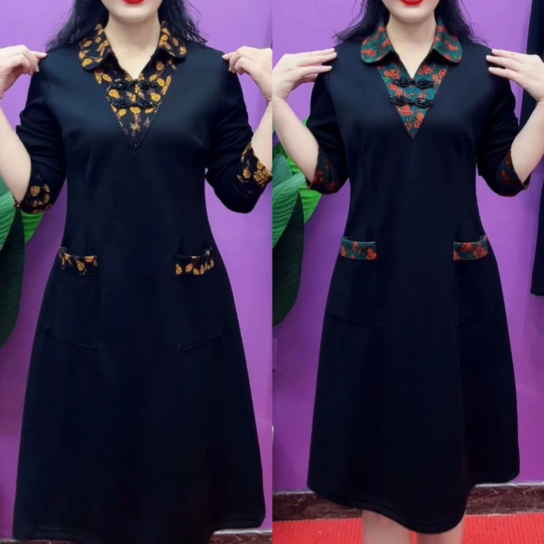 时尚新款翻领中老年连衣裙