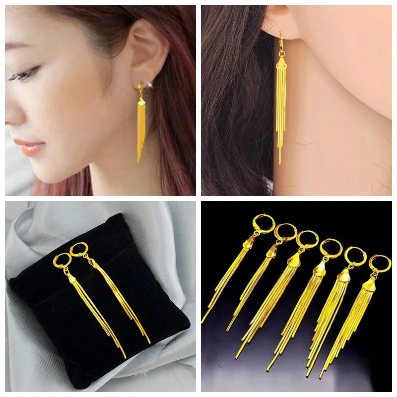 铜合金耳饰 黄金色长款流苏耳扣耳环女款百搭性感韩版沙金耳饰品