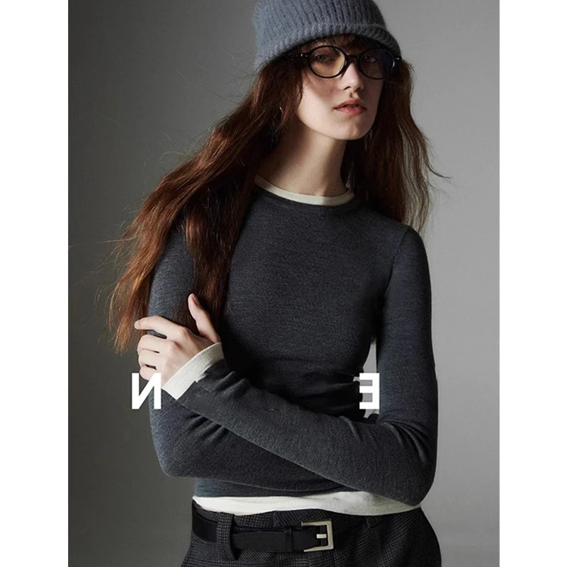 撞色假两件针织打底衫女春秋新款修身内搭毛衣高级感长袖叠穿上衣