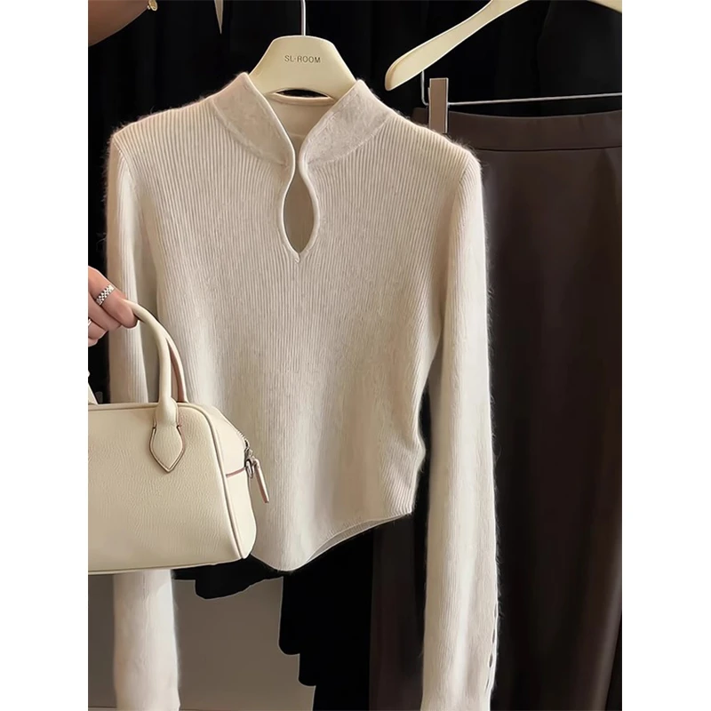 新中式不规则立领镂空内搭打底衫女春秋冬修身气质毛衣针织衫上衣