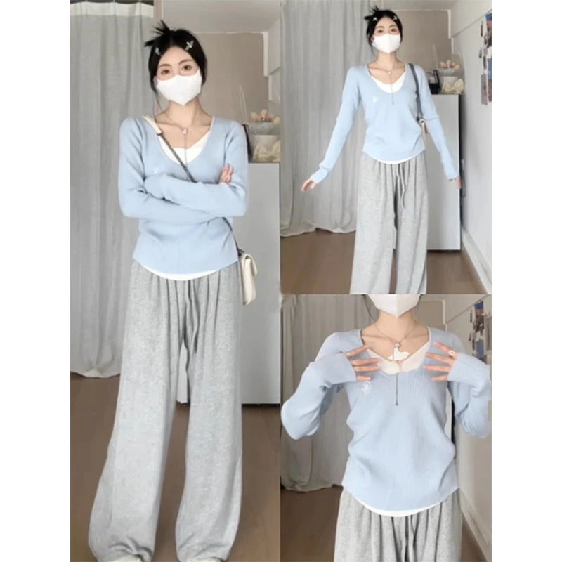 蓝色假两件v领针织衫女秋季新款内搭长袖打底衫百搭气质套头毛衣