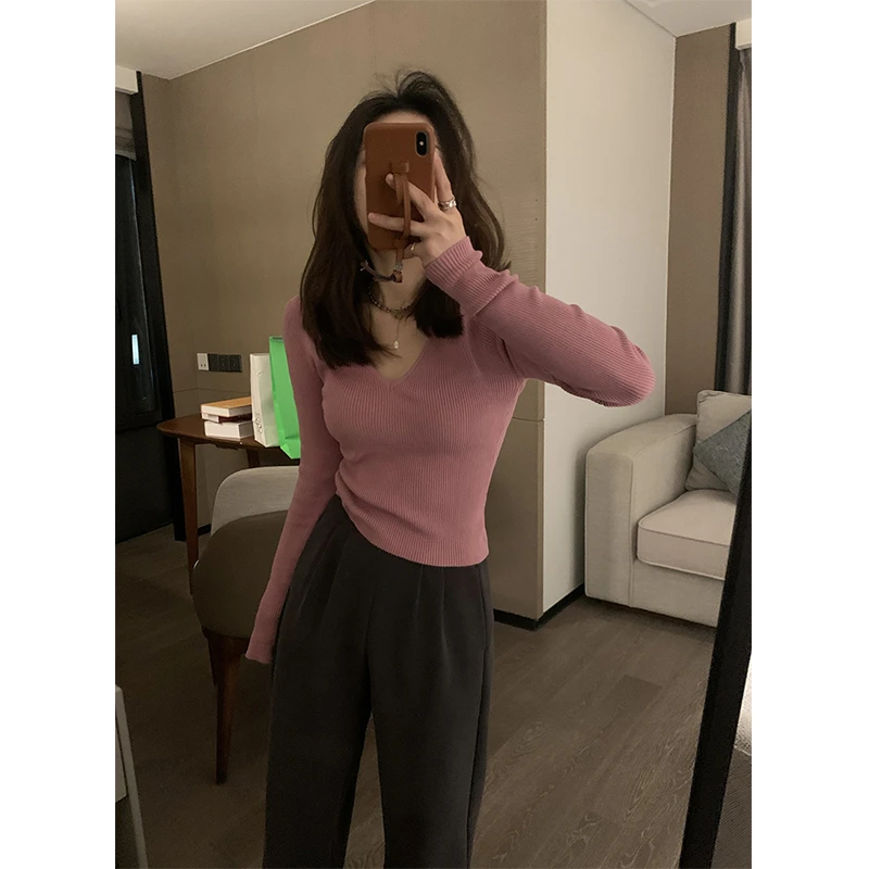 粉色v领打底针织衫女秋季新款软糯毛衣内搭弹力修身显瘦长袖上衣