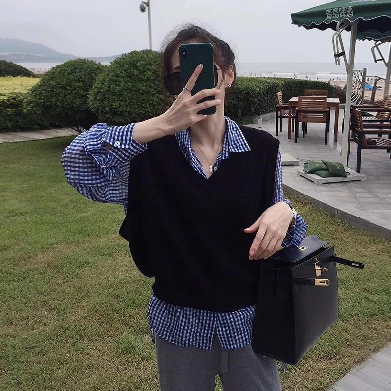 黑色v领针织马甲女春秋季外搭无袖坎肩毛衣外穿短款马夹背心上衣