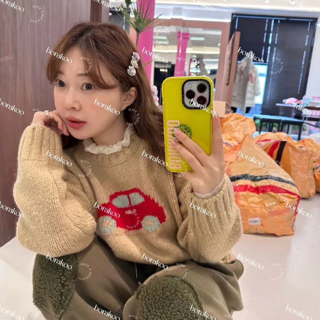 韩国【BORAKOO】东大门代购米色小汽车针织毛衣