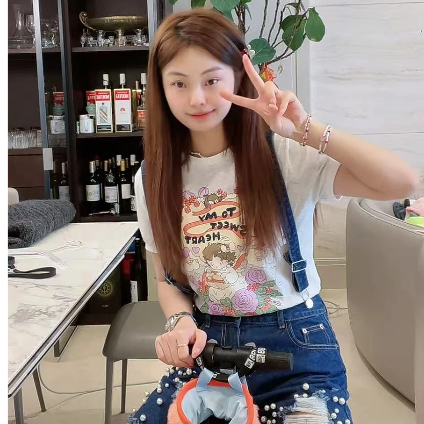 【BORAKOO】蓝色水钻珍珠破洞BF风牛仔背带裤