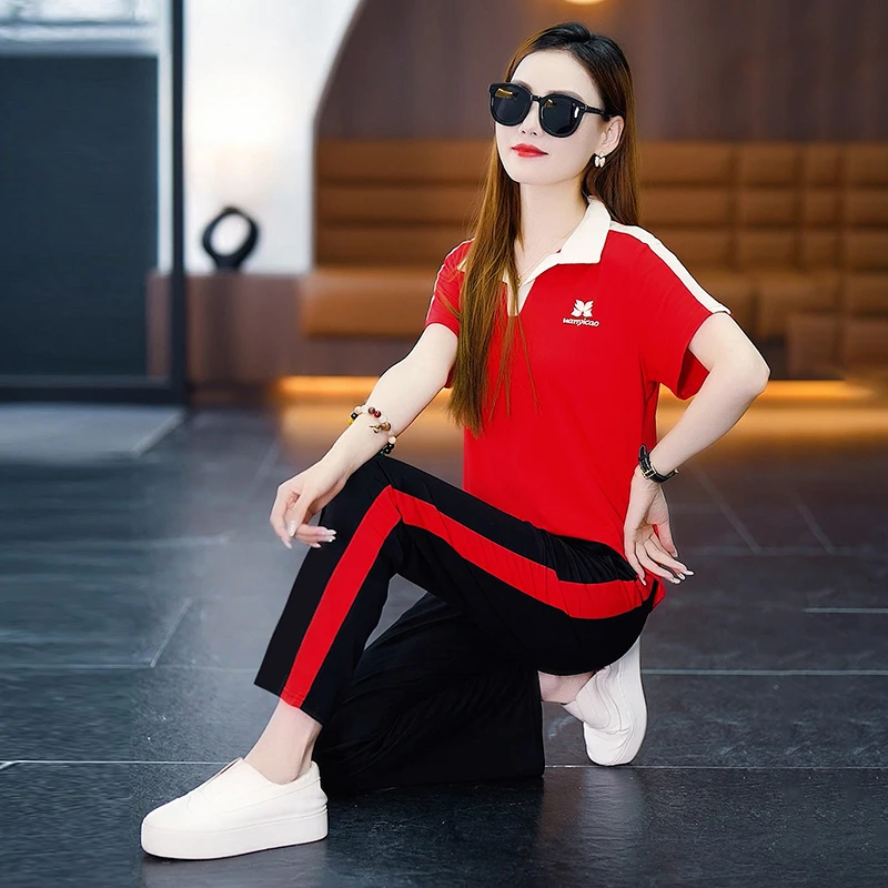 冰丝休闲运动服套装女夏2025新款POLO领短袖广场舞健身操运动服