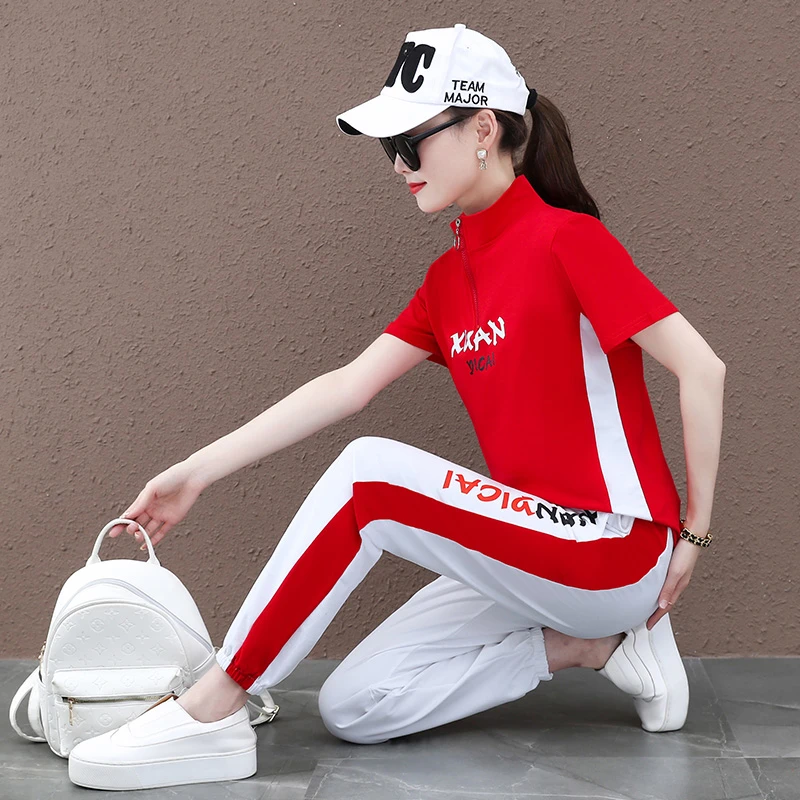 短袖休闲运动套装女2025夏季新款立领时尚运动服洋气广场舞两件套