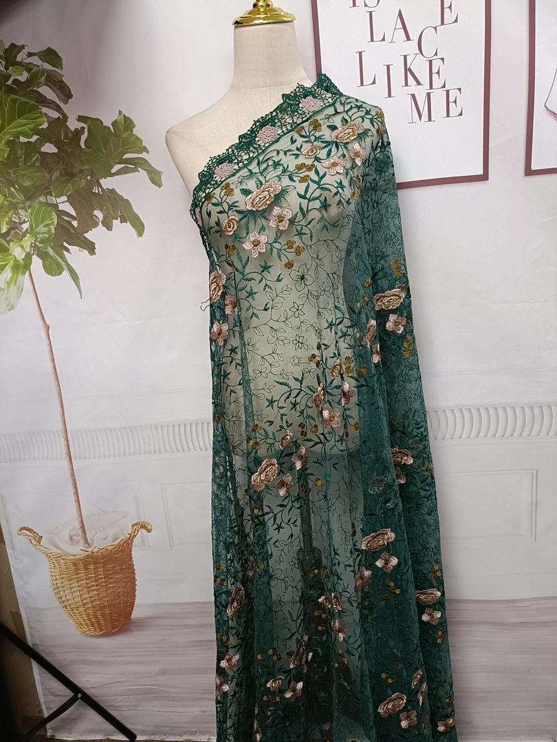 绿色系列网纱刺绣连衣裙旗袍服装面料中国风手工DIY绣花包邮