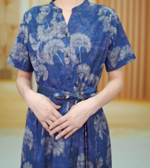 青黛蓝蒲扇小笑脸双面双穿短袖气质连衣裙ZF-596