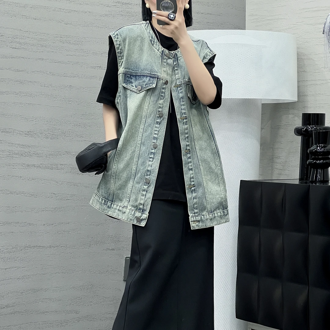 欧版新款时尚设计师款牛仔马甲显瘦百搭