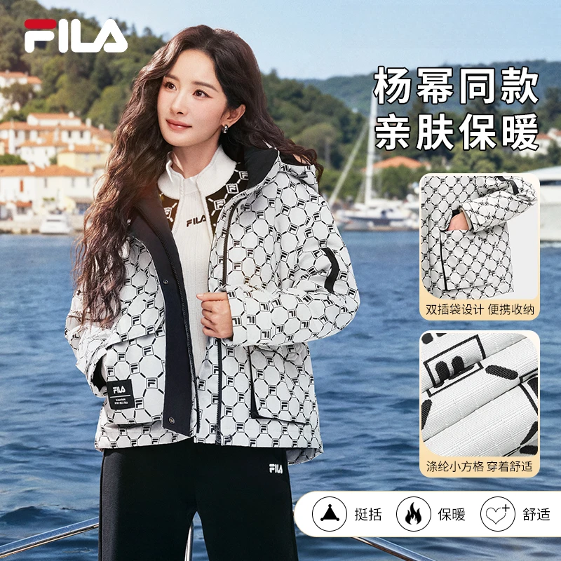 Fila/斐乐满印老花【杨幂同款】女春新款时尚休闲宽松连帽运动棉服