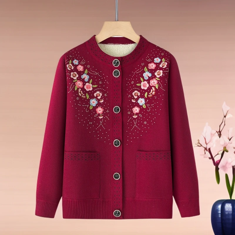 中老年人女秋冬针织开衫奶奶毛衣加绒加厚外套妈妈装保暖太太衣服