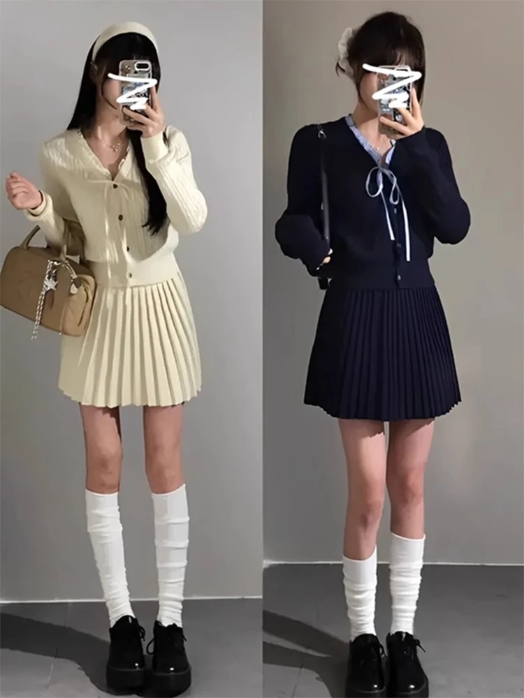 法式v领蝴蝶结针织开衫外套女秋冬学院风穿搭一整套半身裙两件套