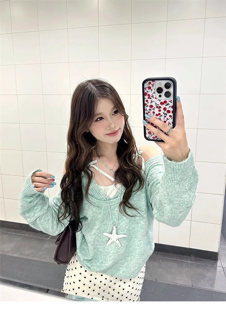 韩版温柔薄荷绿v领针织毛衣女秋冬慵懒高级感显瘦短款上衣5333