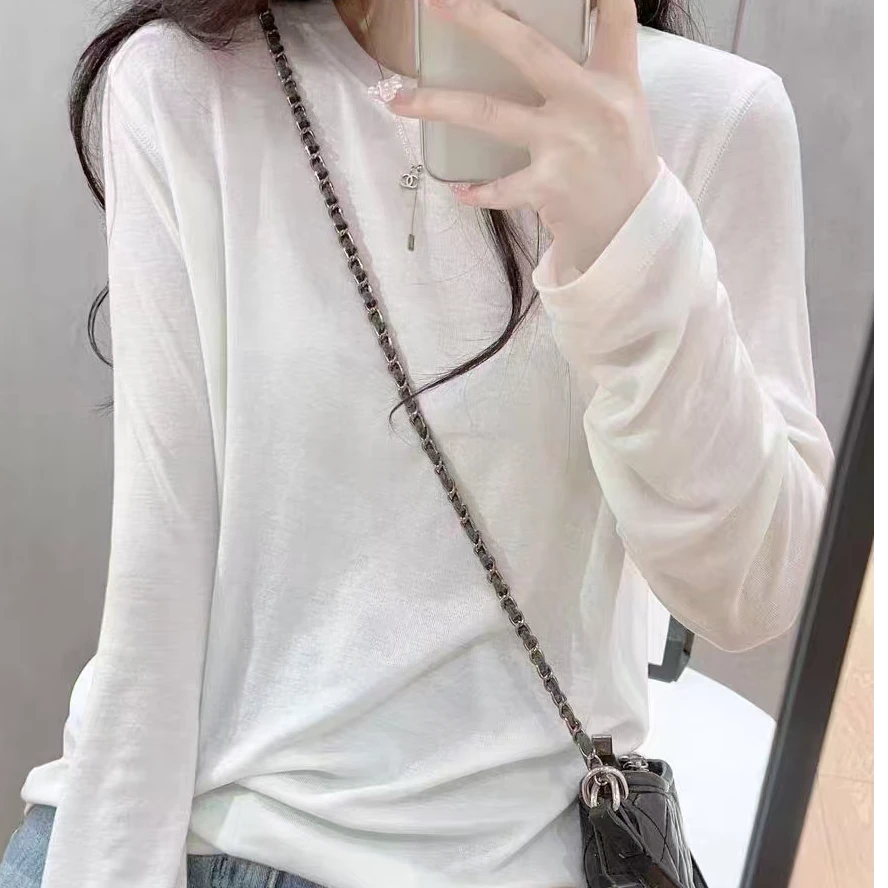 2024新款百搭打底衫长袖网红时尚宽松半高领纯色显瘦白色ins圆领