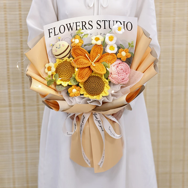 创意针织毛线花郁金香玫瑰铃兰花花束成品送男女朋友闺蜜妈妈老师