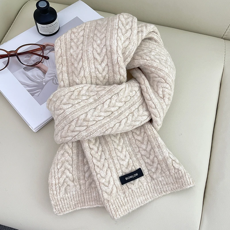 软糯燕麦米纯色围巾女冬季复古麻花保暖加厚针织毛线学院风围脖男