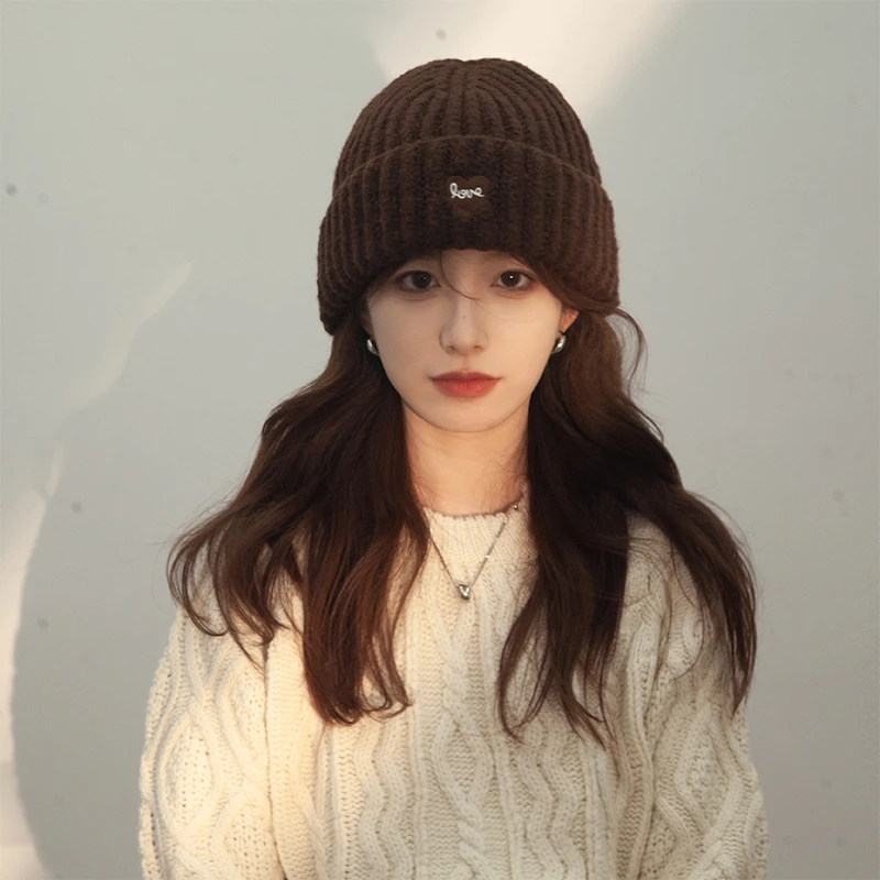 红色爱心针织毛线帽女大头围2024年秋冬季保暖护耳冷帽显脸小帽子