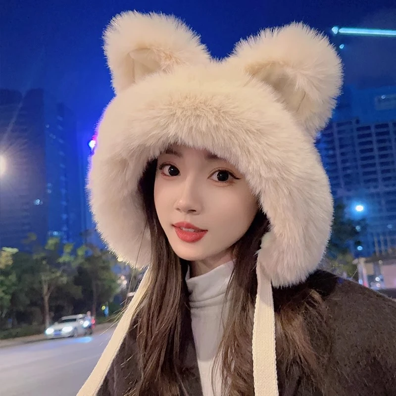 冬季可爱狐狸耳朵毛绒保暖防风雷锋帽百搭韩版骑行护耳帽毛线帽女