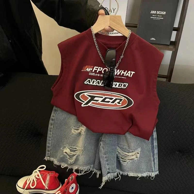 男童2024夏季新款韩版时尚套装字母印花洋气上衣破洞牛仔短裤炸街