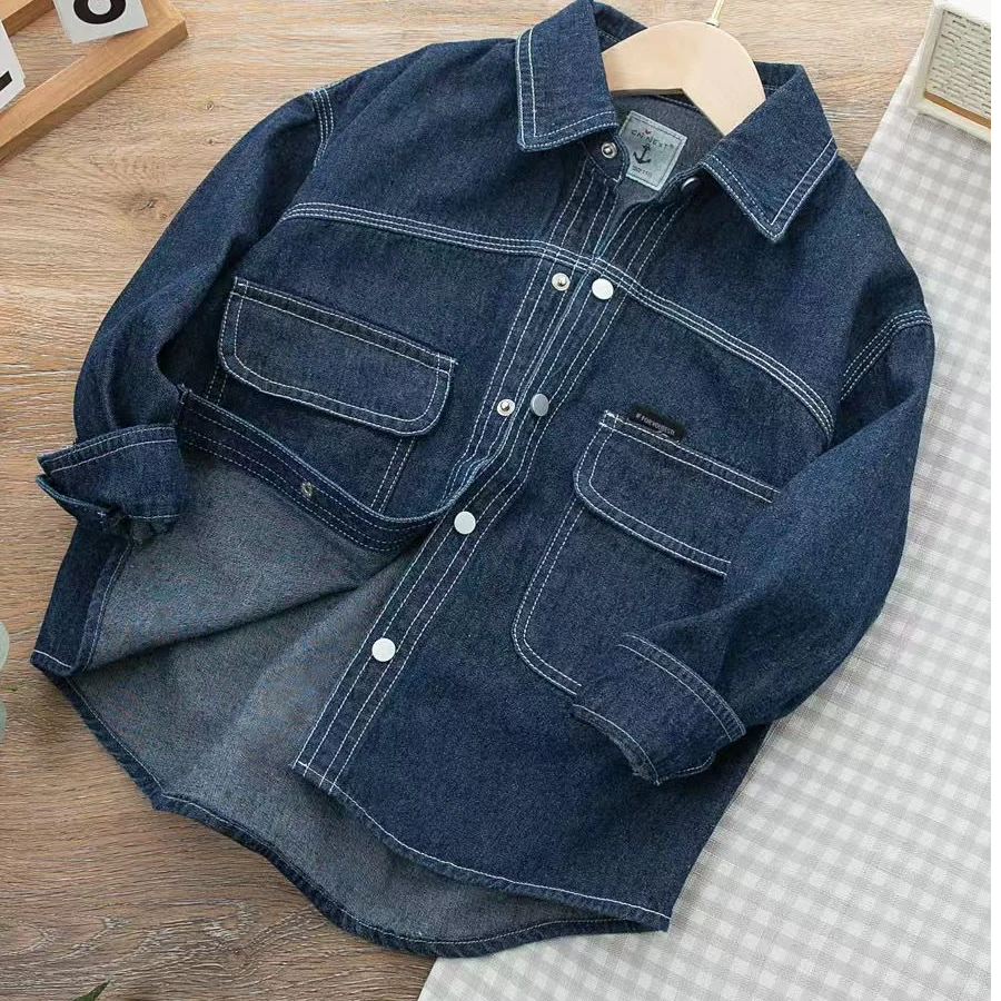 男童牛仔衬衫外套春款新款中大童时尚明线长袖翻领儿童装休闲潮