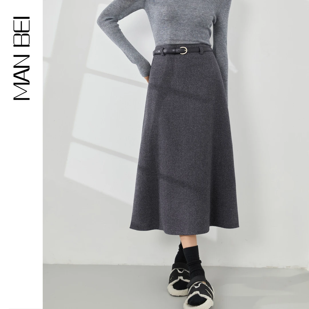 【曼贝服饰】2024秋冬修身显瘦中长款过膝A字半身毛呢裙子8364020柴