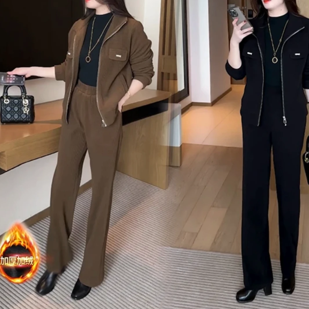 加绒休闲套装女2024冬季新款时髦洋气立领短外套阔腿裤两件套