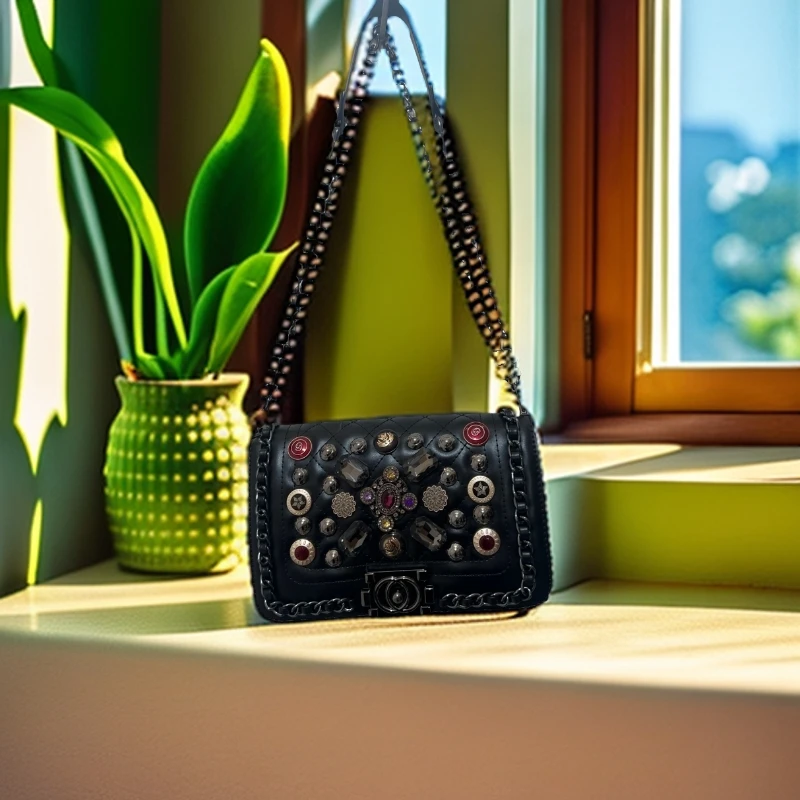 新疆包邮时尚女士黑色白色单肩肩包小众压花镶钻气质百搭休闲