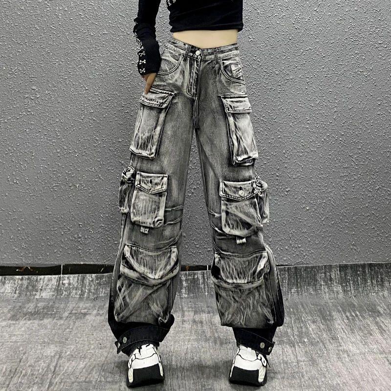 多口袋灰黑色休闲工装牛仔裤女秋新款高腰宽松显瘦百搭束脚直筒裤
