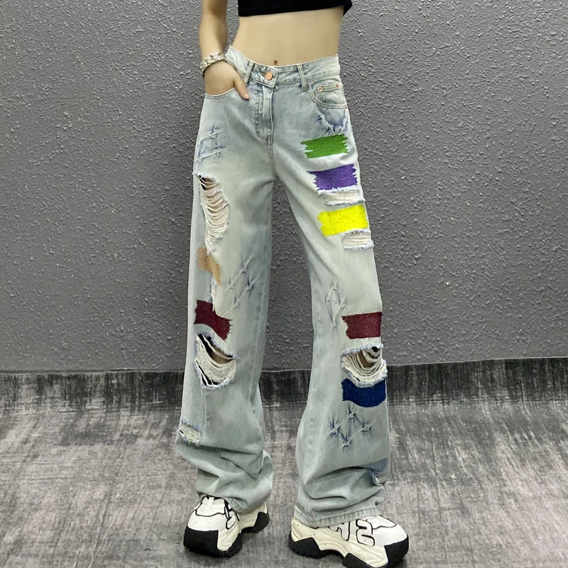 重工刺绣拼色破洞休闲牛仔裤女夏新款高腰宽松显瘦百搭直筒阔腿裤