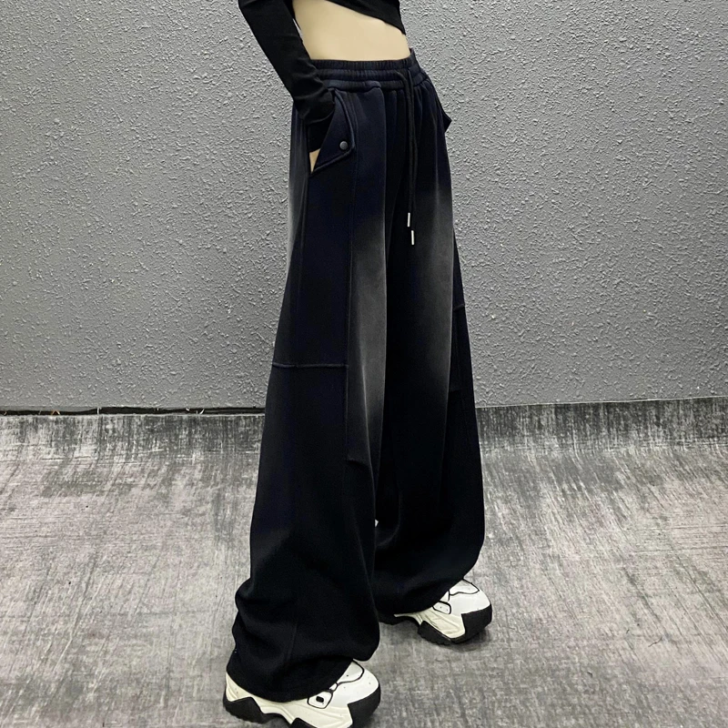 扎染色褶纹设计加绒休闲裤女冬新款高腰宽松显瘦百搭直筒阔腿裤潮