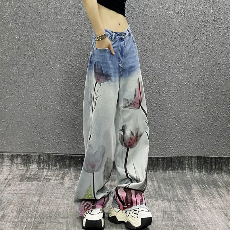 洋气水墨印花拼色休闲牛仔裤女秋新款高腰宽松显瘦百搭直筒阔腿裤